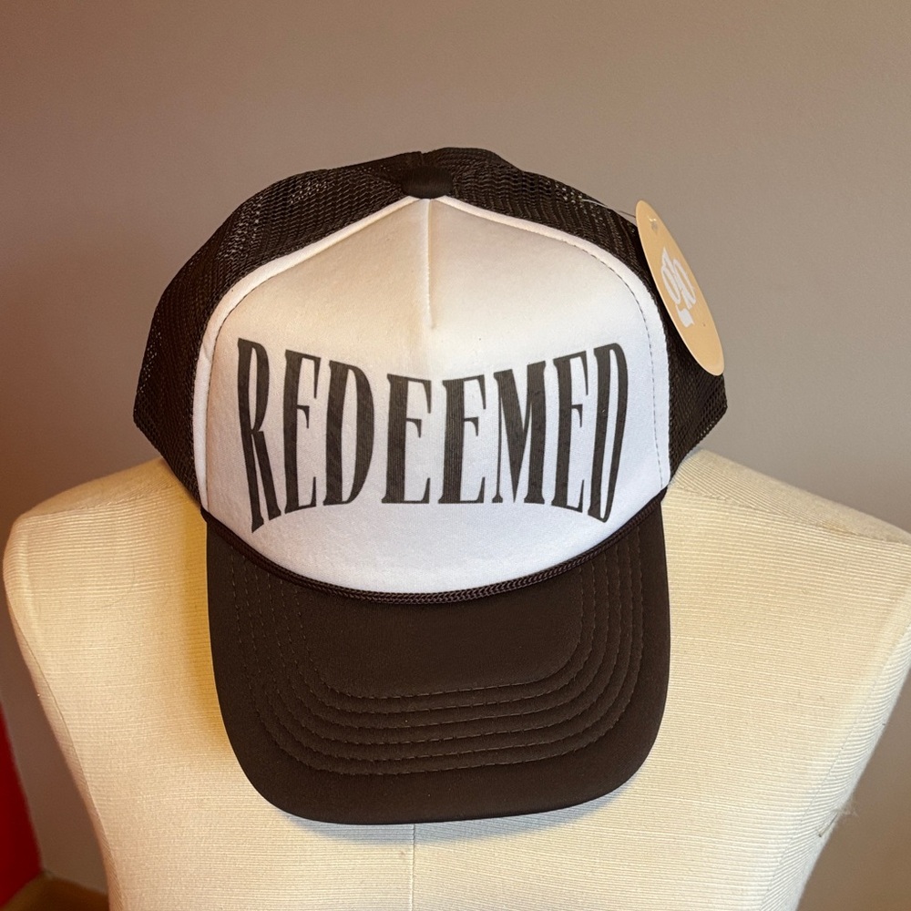 NWT Brown and White Trucker Hat with 'REDEEMED' Print
